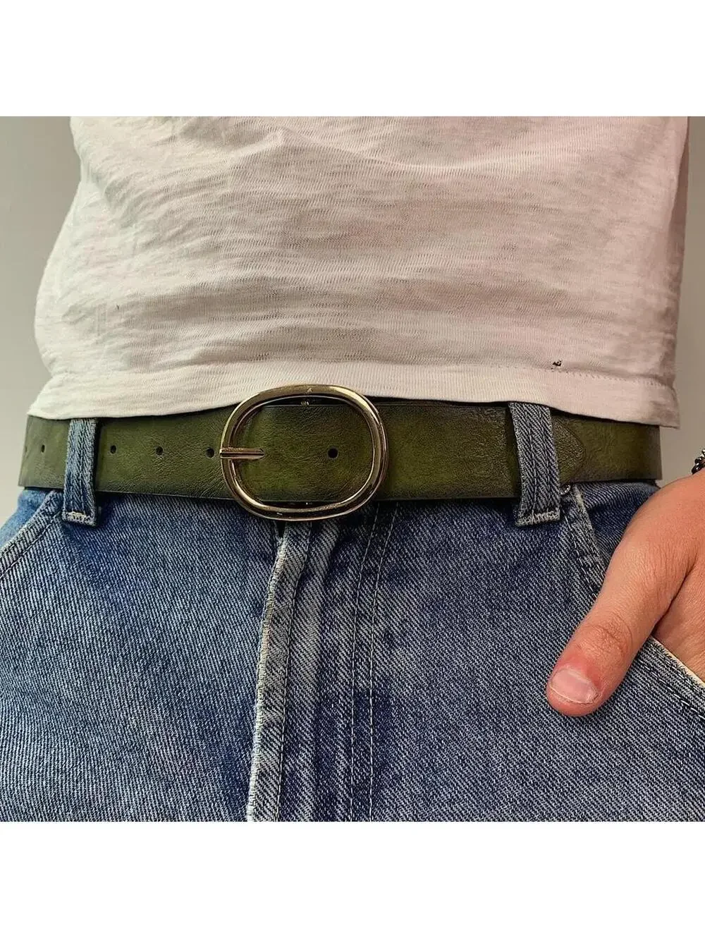 Faded Green leather belt with Gold oval belt buckle. Very cool unique belt. Y2k